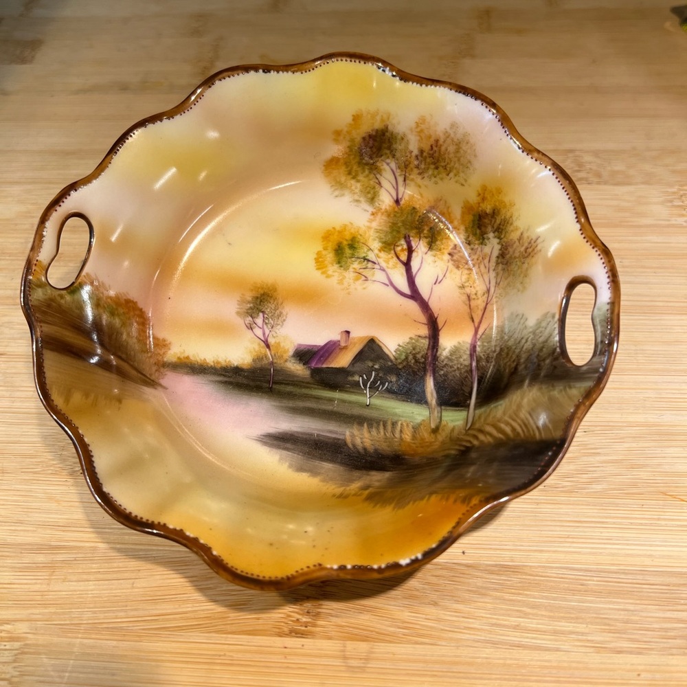 Vintage 1920s-40s Hand Painted Noritake Bowl with Cut Out Tab Handles Landscape